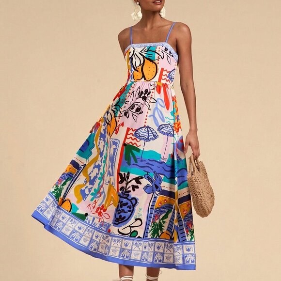 Multicolor Boho Women's Vacation Woven Printed Spaghetti Strap Dress - Picture 1 of 6